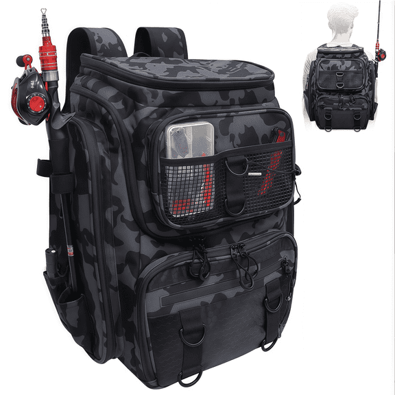 AGOPLEE Fishing Tackle Backpack, Tactical Fishing Sling Tackle Bag, Water Resistant Fishing Tackle Box Bag with Rod Holders