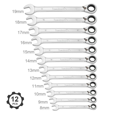 

12 Piece Reversible Ratcheting Combination Wrench Set 8mm-19mm Metric Chrome Vanadium Steel Ratchet Wrenches Set with Pouch