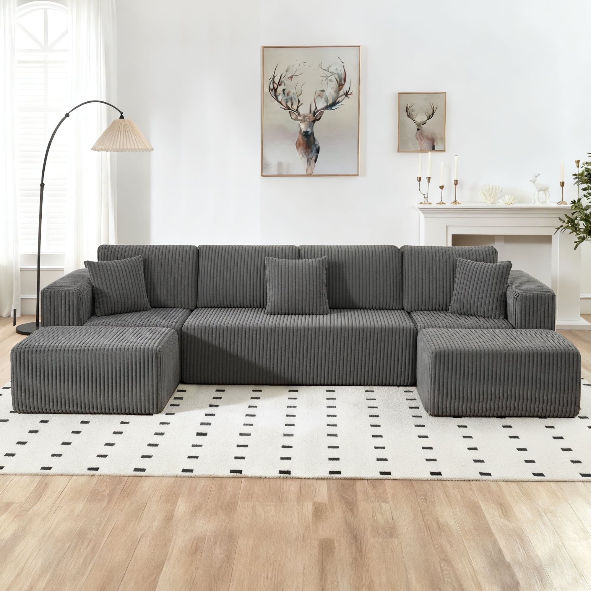 132.58" Boneless Couch, Gray Modern Sectional Couch for Living Room, Modular U-Shaped 4-Seater Chaise Lounge with Reversible Design, Striped Corduroy Fabric, Freely Configurable Layout
