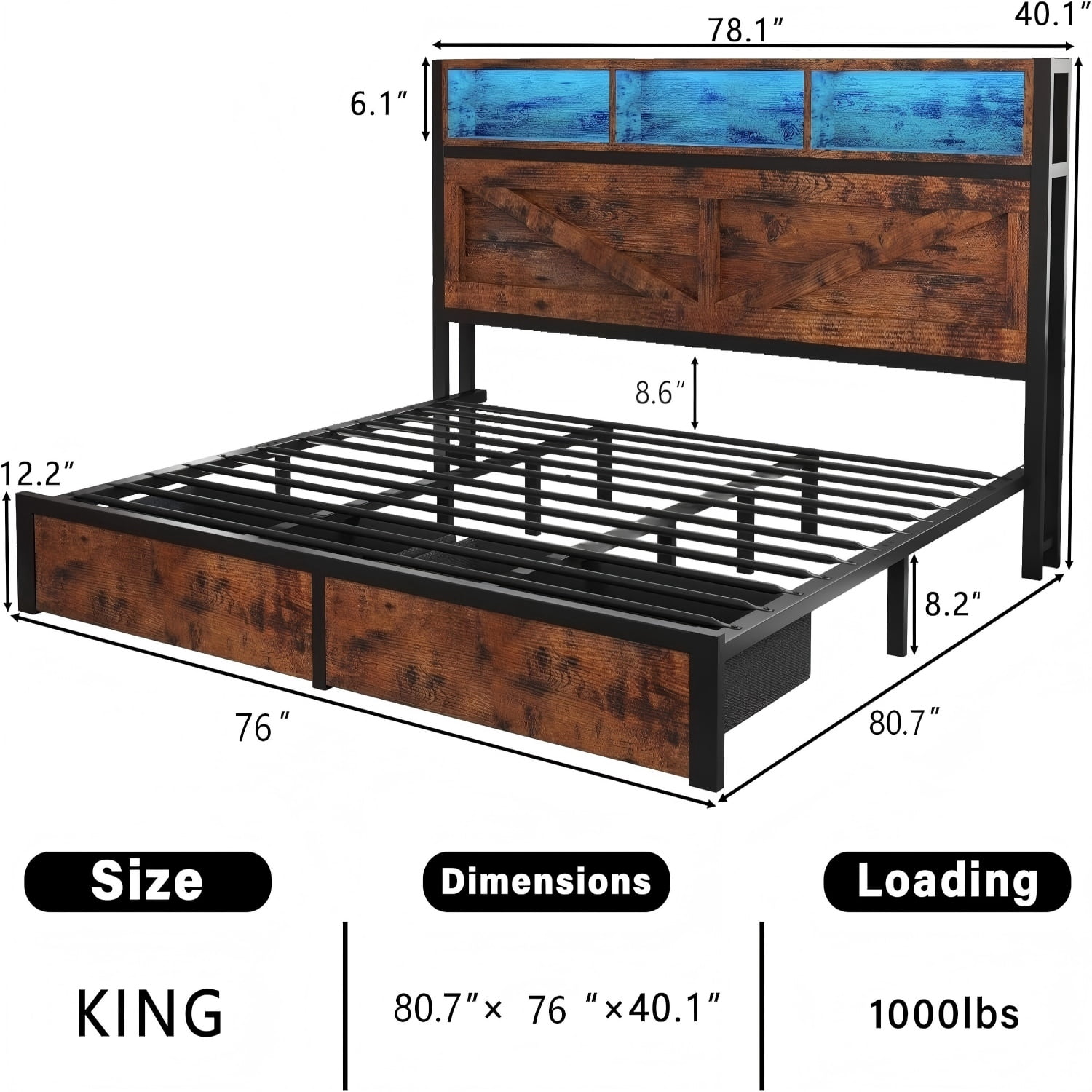 NHIXSOM Farmhouse King Bed Frame with LED Headboard, Charging Station and Storage Drawers, Farmhouse Style, Easy Assembly, Brown