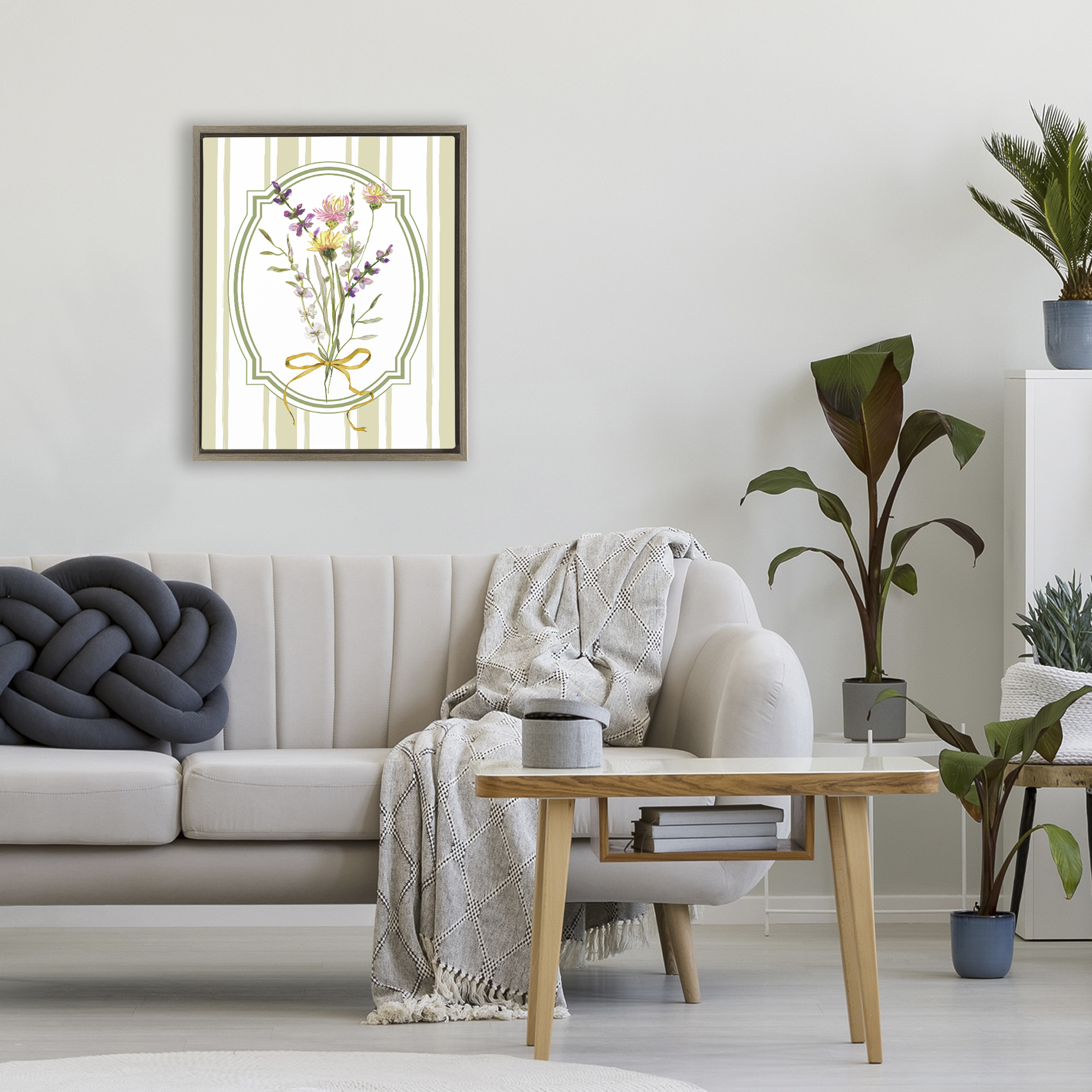 Wildflowers Bouquet Classic Stripes Brown Framed Floater Canvas Wall Art, design by Adonna Ebrahimi