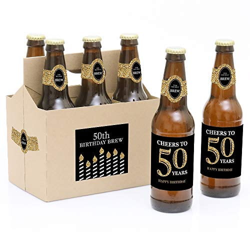 Adult 50th Birthday - gold - Birthday Party Decorations for Women and Men - 6 Beer Bottle Label Stickers and 1 carrier