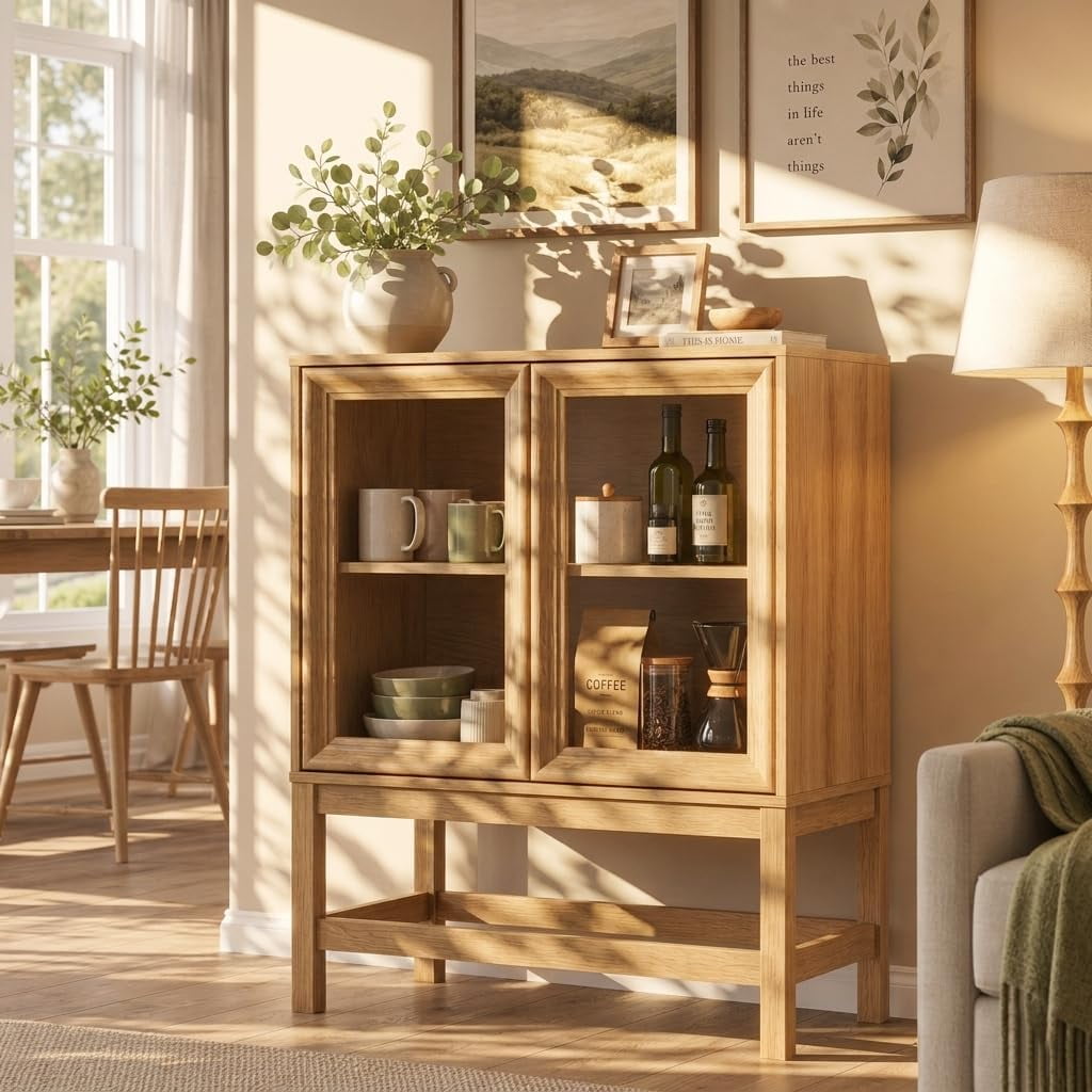 Sideboard Buffet Cabinet with Storage Small Kitchen Coffee Wine Bar Cabinet with Glass Press-to-Open Doors Wood Mid Century Modern Side Board Table for Dining Room Living Room Natural