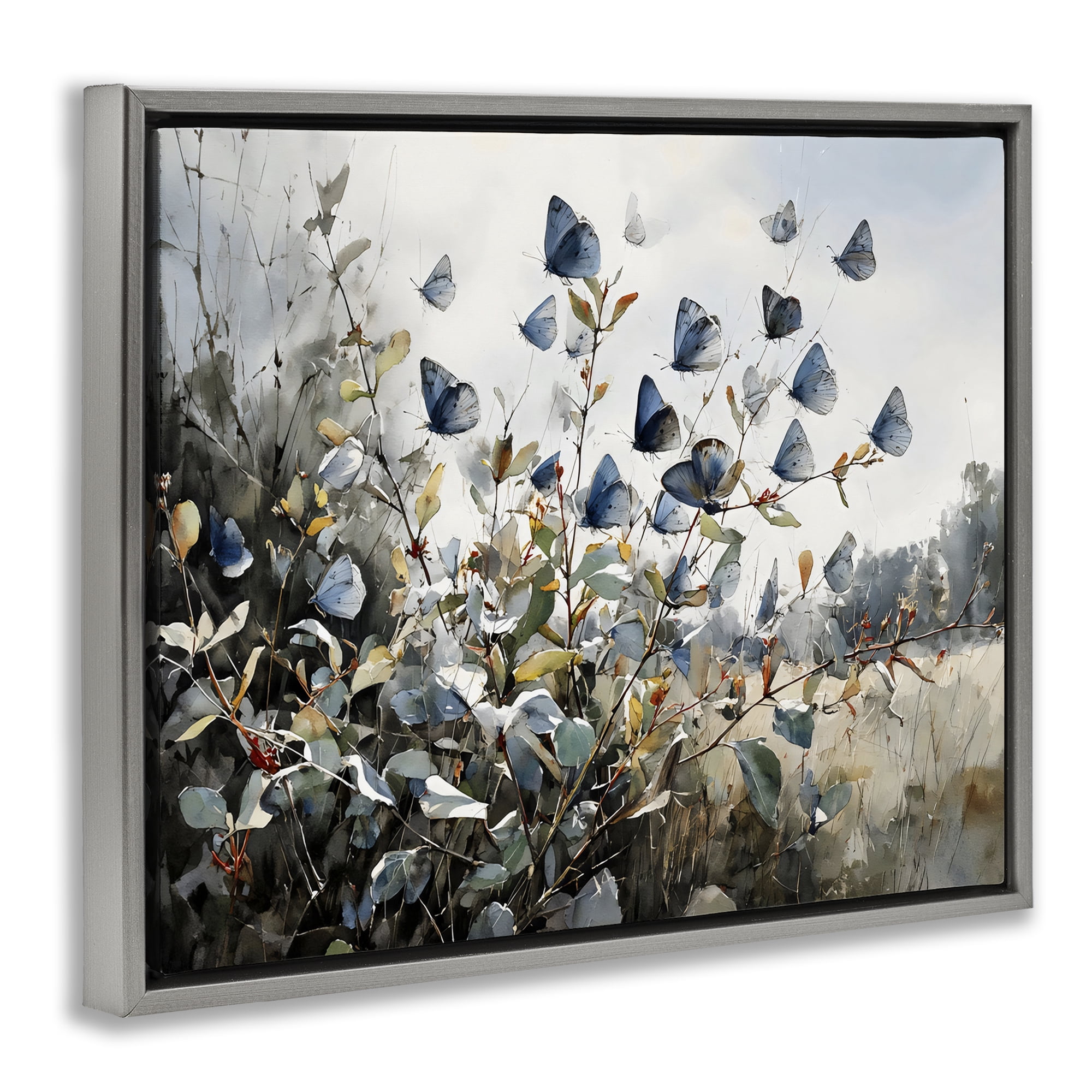 Stupell Industries Blue Butterflies Among Meadow Leaves Gray Framed Floater Canvas Wall Art, design by Franklyn Gregory
