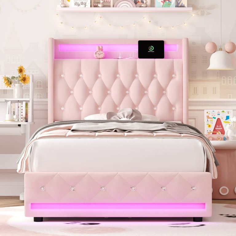 Homfa Twin Size LED Bed Frame, Pink Velvet Upholstered, USB Ports
