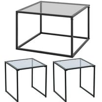 Yardi Yard 3 Pieces Modern Table, Modern 2-Tier Square Glass Coffee Table with Mesh Shelf and Tempered Glass Side Table with Metal Frame, Table Set for Indoor and Outdoor, Black