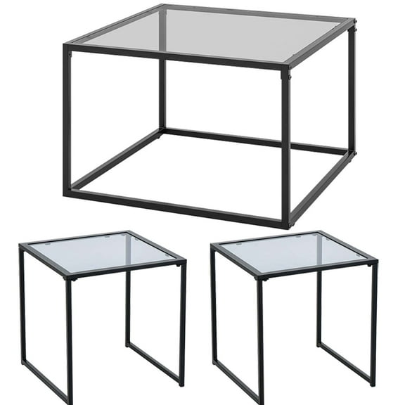 Yardi Yard 3 Pieces Modern Table, Modern 2-Tier Square Glass Coffee Table with Mesh Shelf and Tempered Glass Side Table with Metal Frame, Table Set for Indoor and Outdoor, Black