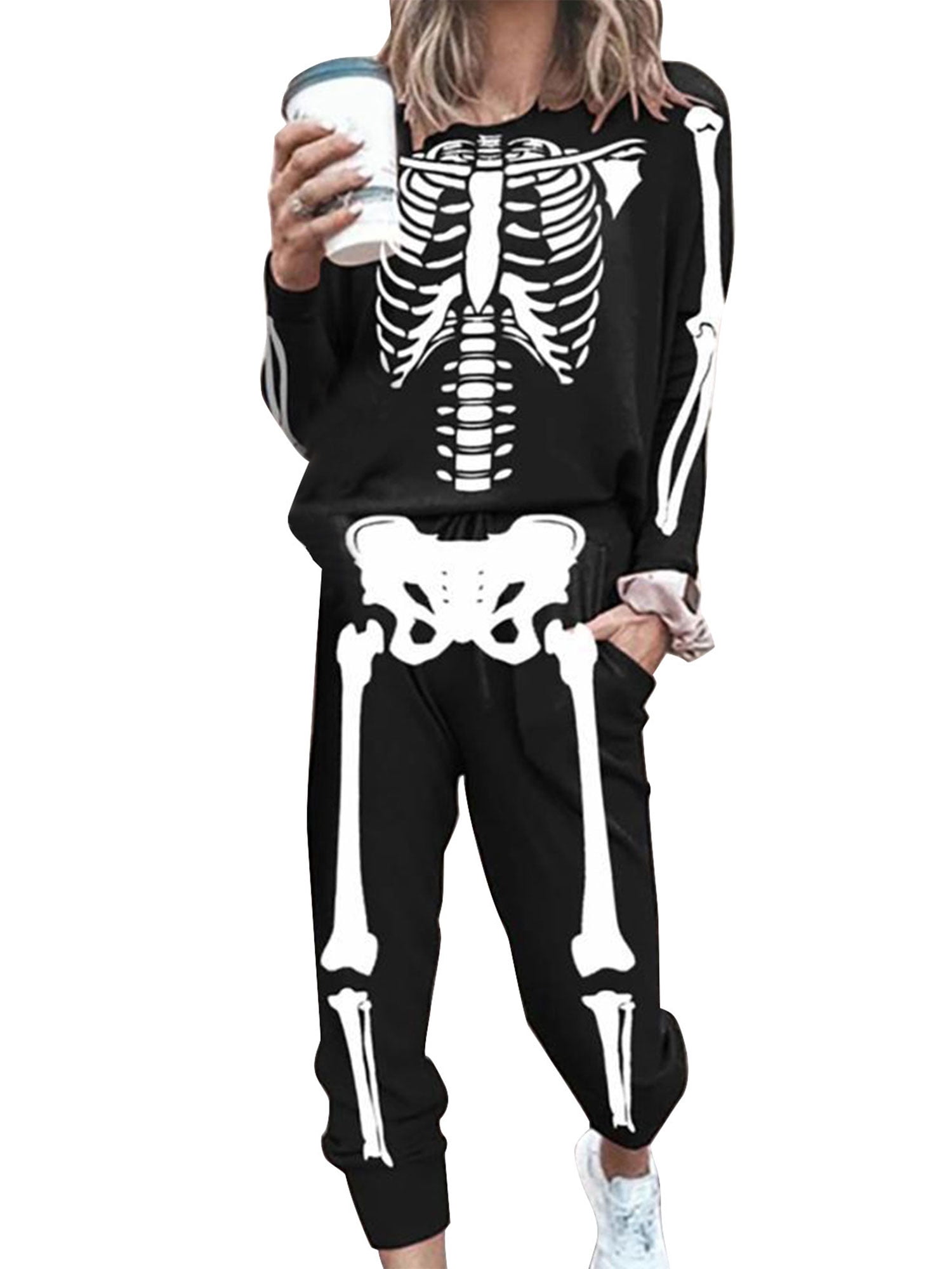 6865 Women Halloween Sweatshirt Long Sleeve Crewneck Casual Pullover Skull Print Oversize Loose top Blouse