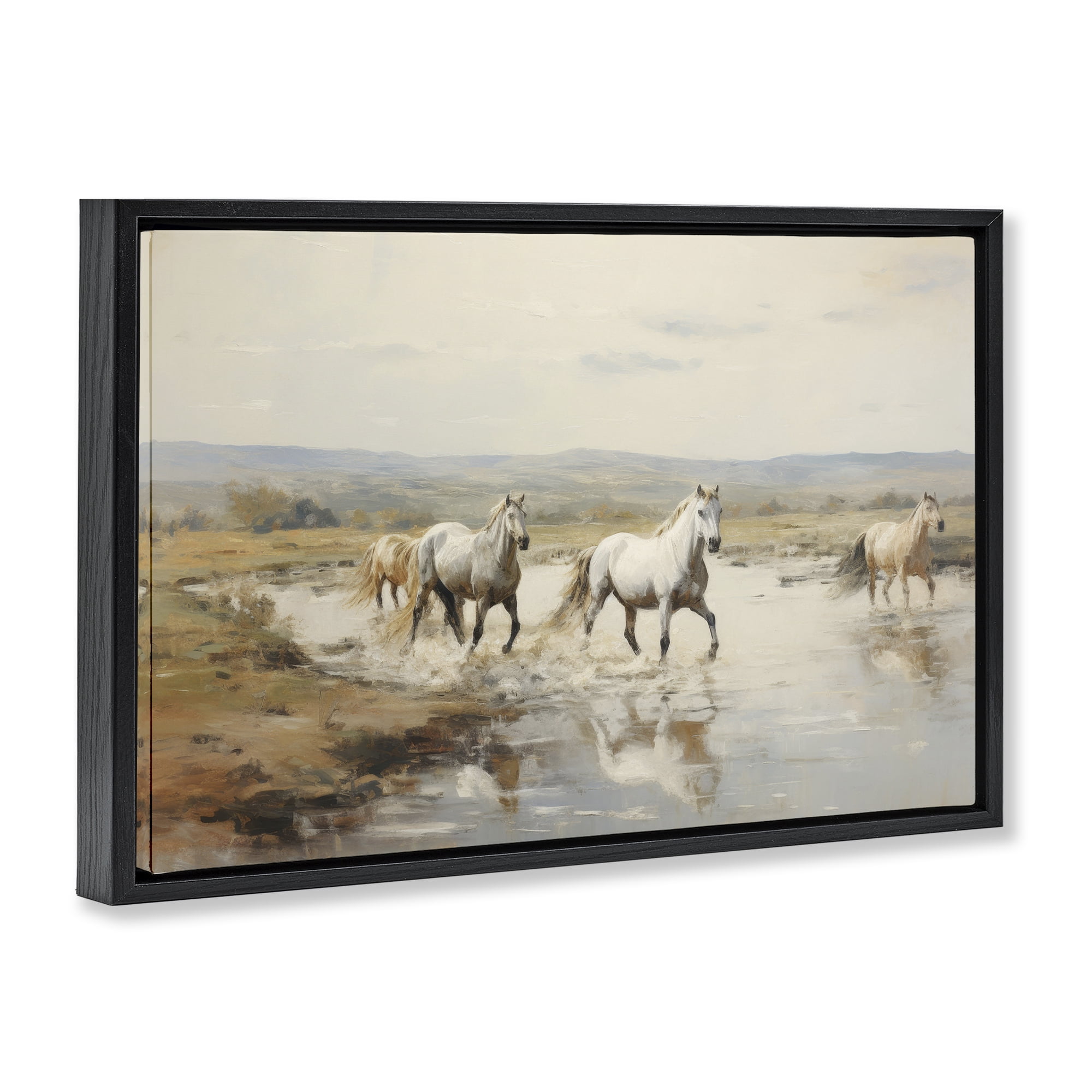 Stupell Industries Free Horses Running Landscape Painting Black Floater Framed Canvas Art Print Wall Art, 31 x 21