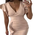 thumbnail image 3 of Women‘s Summer Close-fitting Sleeve Dress V Neck Swing Dress with Pockets Solid Color One-piece, 3 of 9
