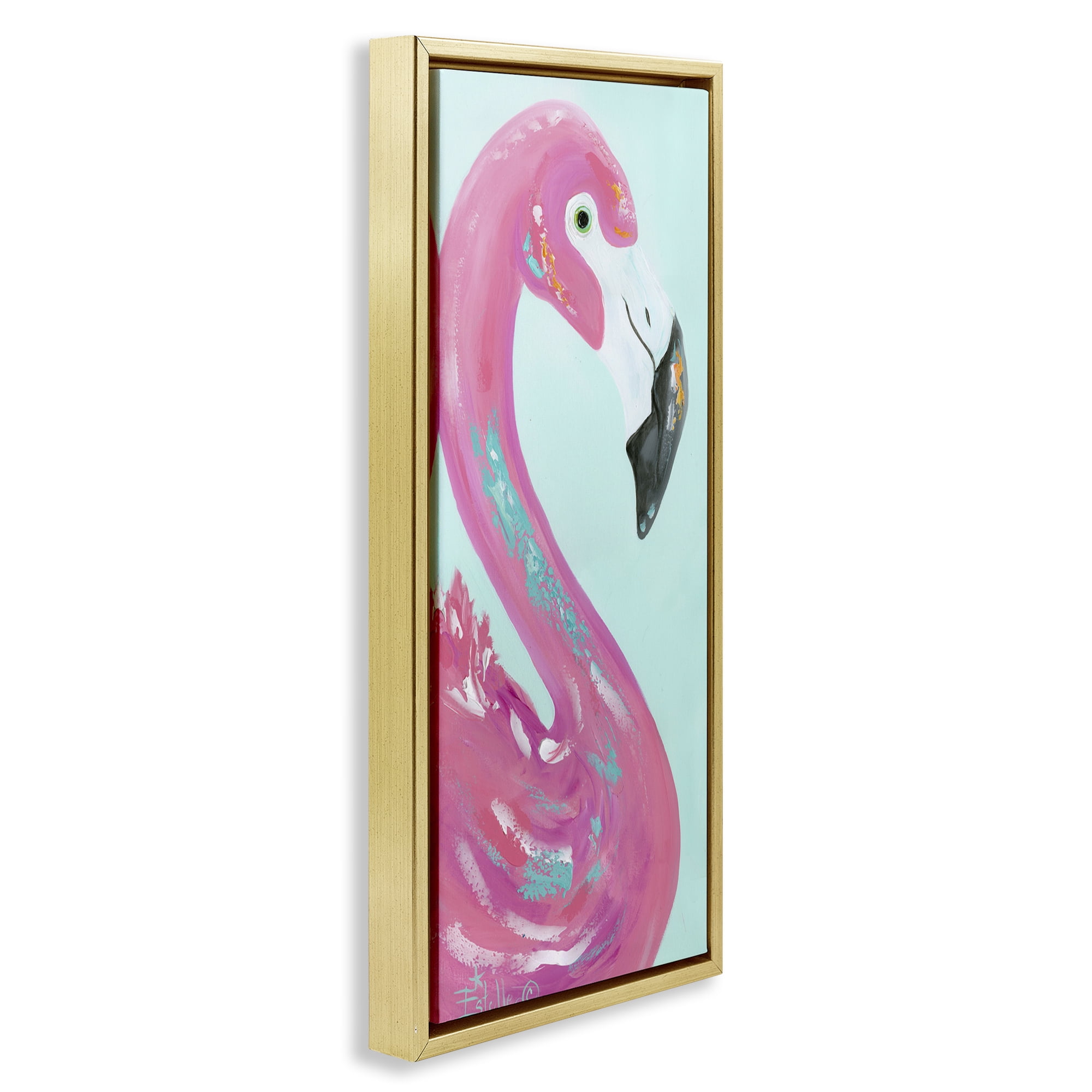 Stupell Industries Odd Flamingo Portrait Animals & Insects Painting Gold Floater Framed Art Print Wall Art, 11 x 25