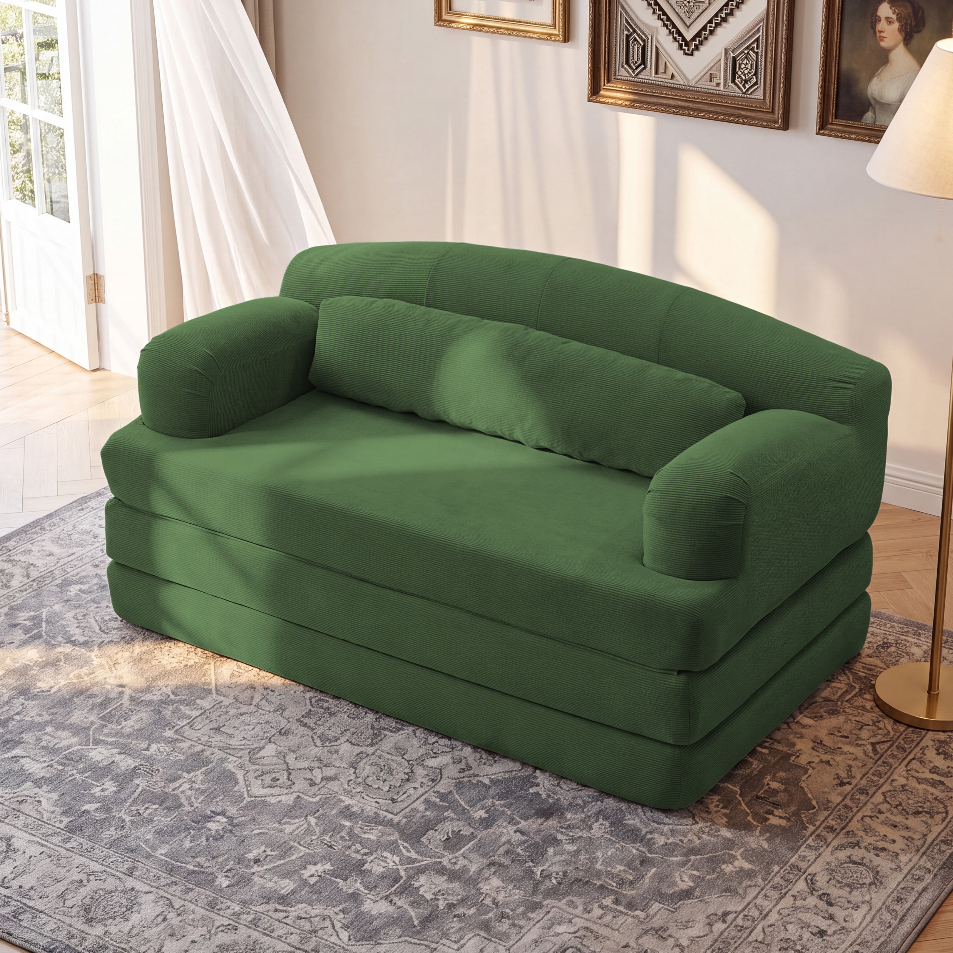 Leumius Futon Sofa Bed, Convertible Sofa Bed,Folding Boneless Couches,Low-Profile Boneless Couch for Living Room,15.8" H Low Seat Small 57" Foldable Floor Sleeper Mattress Lounge Space‑Saving,Green