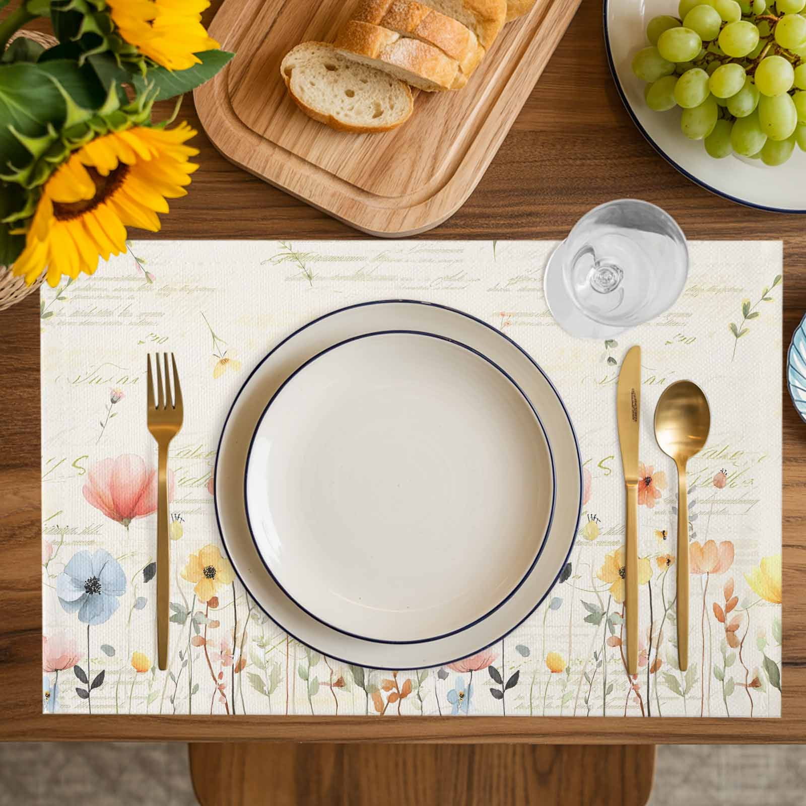 Watercolor Wildflowers Placemats Set of 6, Farmhouse Country Botanical Flowers Placemats for Dining Table, Place Mats for Kitchen Tabletop, Waterproof Wipeable Dining Table Mats Set