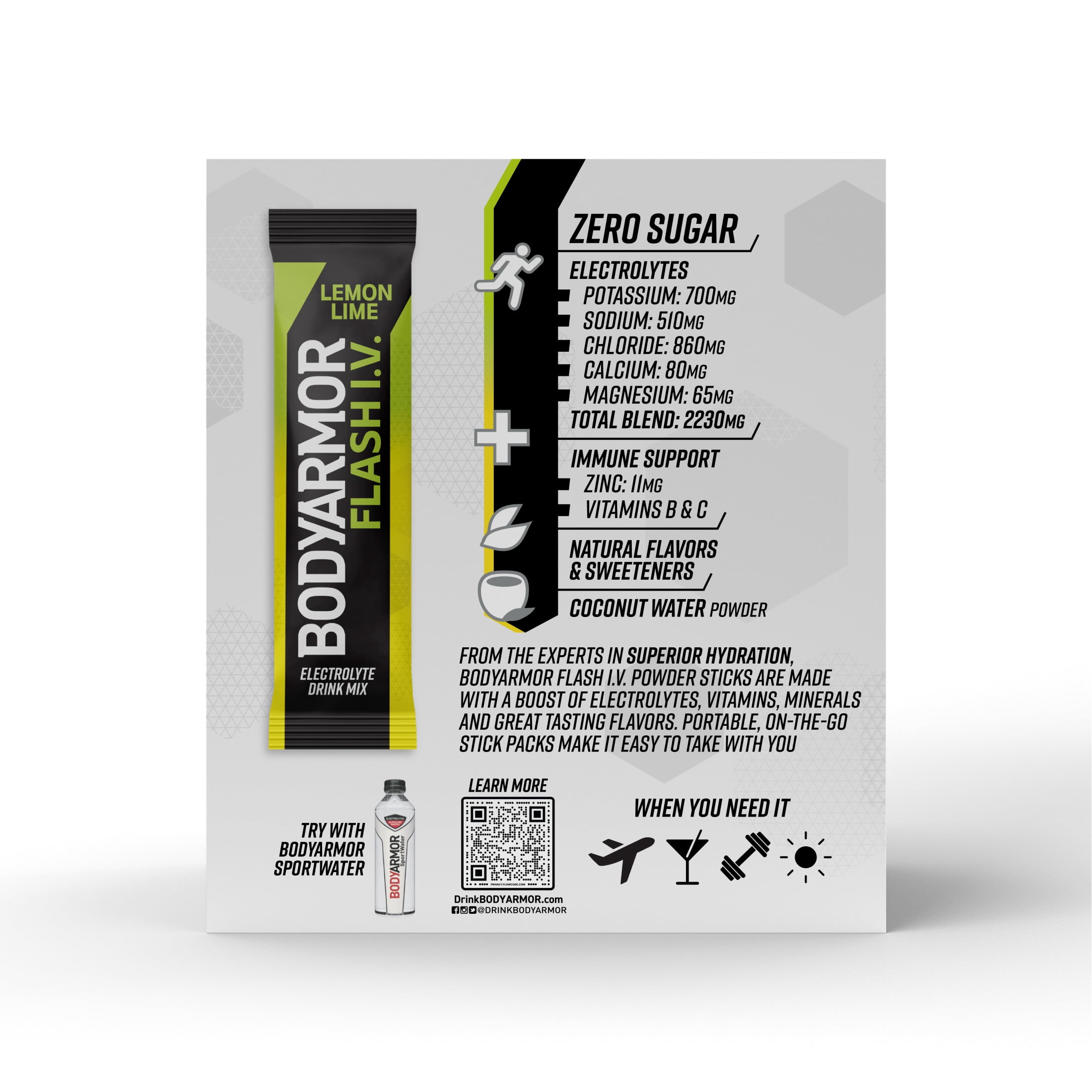 BODYARMOR Flash I.V. Lemon Lime Zero Sugar Electrolyte Powder Mix, 0.25 dry oz, 15 Pack