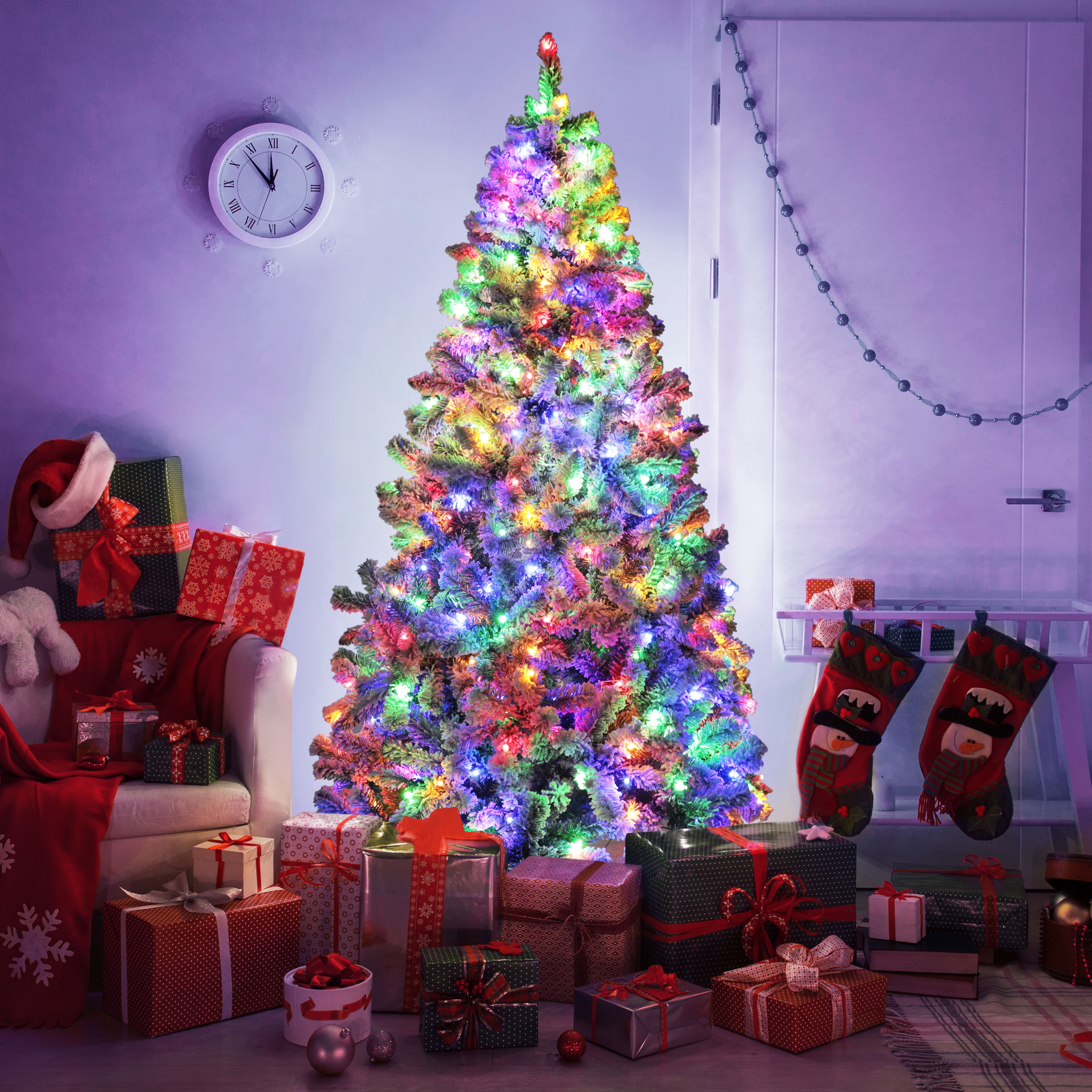 VEIKOUS 6.5ft Pre-Lit Christmas Tree Flocked Pine Tree W/ 350 Multi-Color Changing LED Lights for Holiday, Green