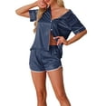 thumbnail image 1 of Pijamas de satén para mujer INSPIRE CHIC, conjuntos de lounge de 2 piezas con blusa de manga corta y pantalones cortos, color azul marino, 1 of 6
