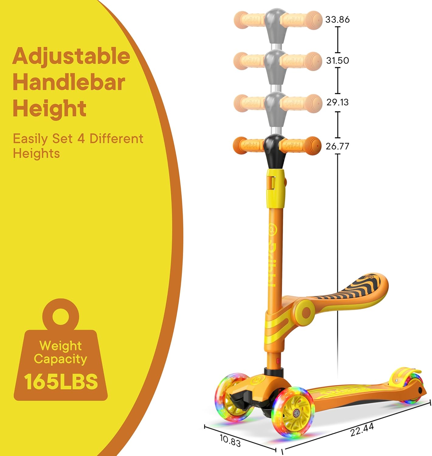Dribbl 3-Wheel Kids Scooter with Seat, Light-Up Wheels, Adjustable Handlebar, Wide Deck & Rear Brake, Ages 2+