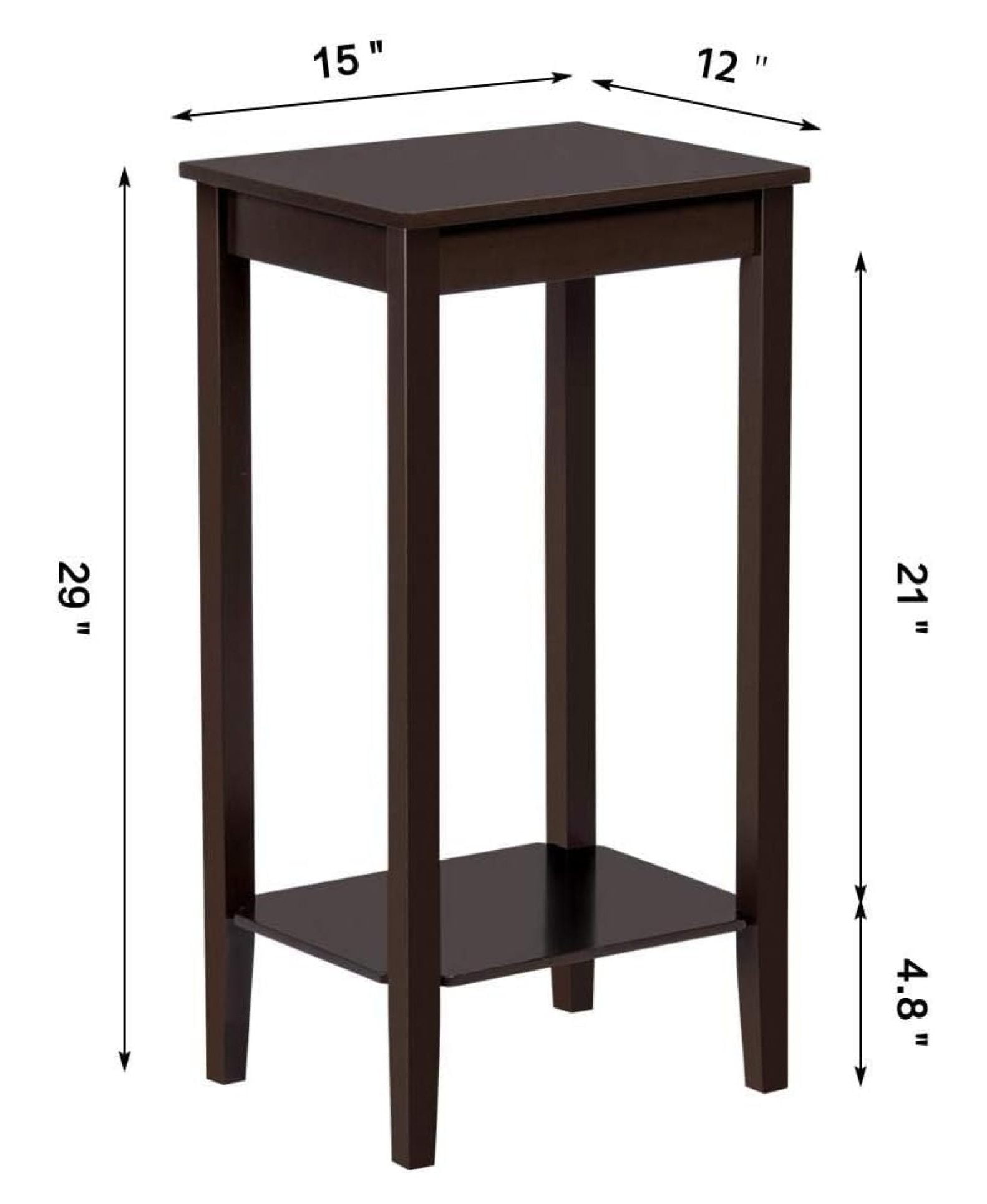 2-Tier Tall End Table with Storage Shelf and Solid Wood Legs, Sofa Side Table Telephone Table for Living Room/Couch/Hallway/Small Spaces, D12xW15xH29 Inches, Dark Coffee