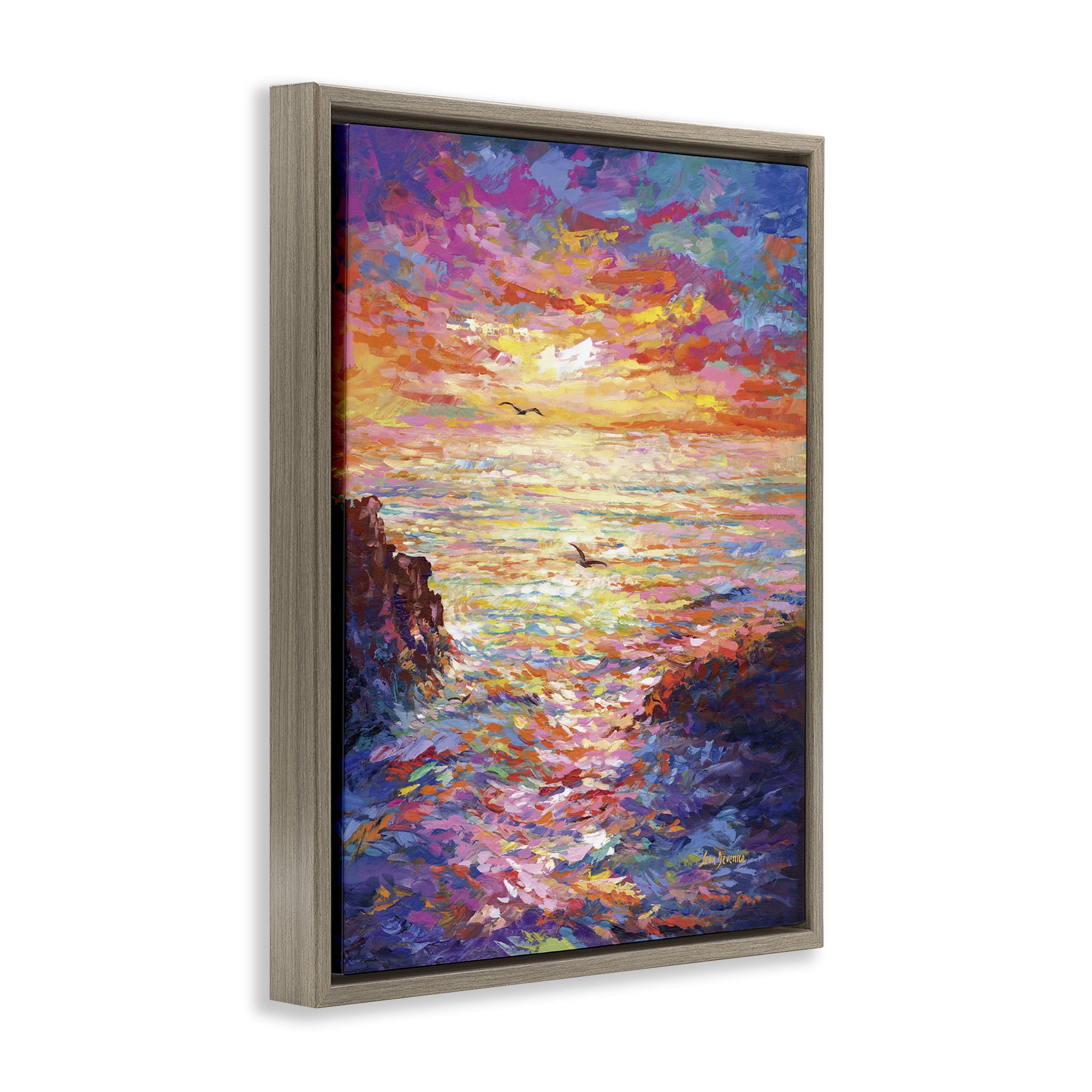 Stupell Industries Vibrant Abstract Ocean Sunset Landscape Painting Brown Floater Framed Canvas Art Print Wall Art, 25 x 31