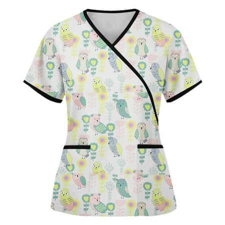 

Women s Scrubs Top YDKZYMD with Pockets Casual Tops V Neck Floral Classic Fit Tops Short Sleeve Plus Size Oversized Black Summer Uniform