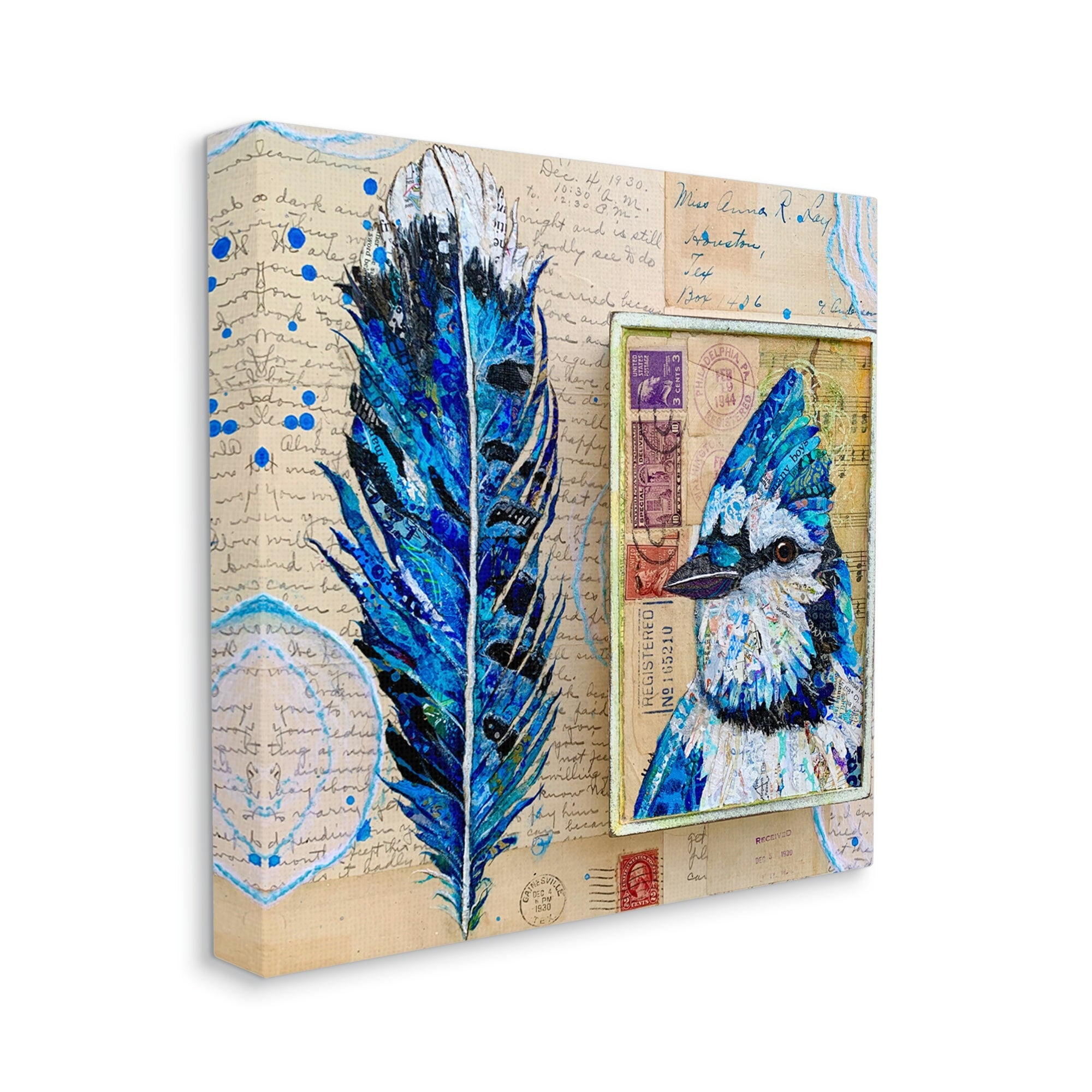 Stupell Industries Blue Jay Collaged Ephemera Feather Bird Painting Painting Gallery Wrapped Canvas Print Wall Art, Design by Lisa Morales