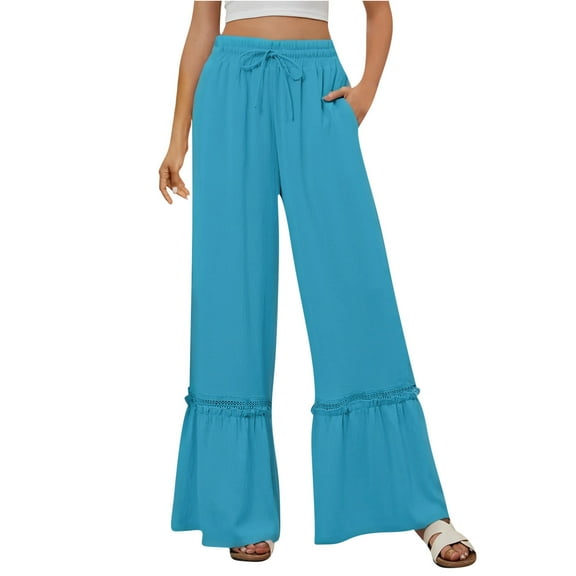 BLVB Flowy Pants for Women Summer Drawstring Waist Loose Boho Beach Pants Casual Baggy Wide Leg Trousers with Pockets