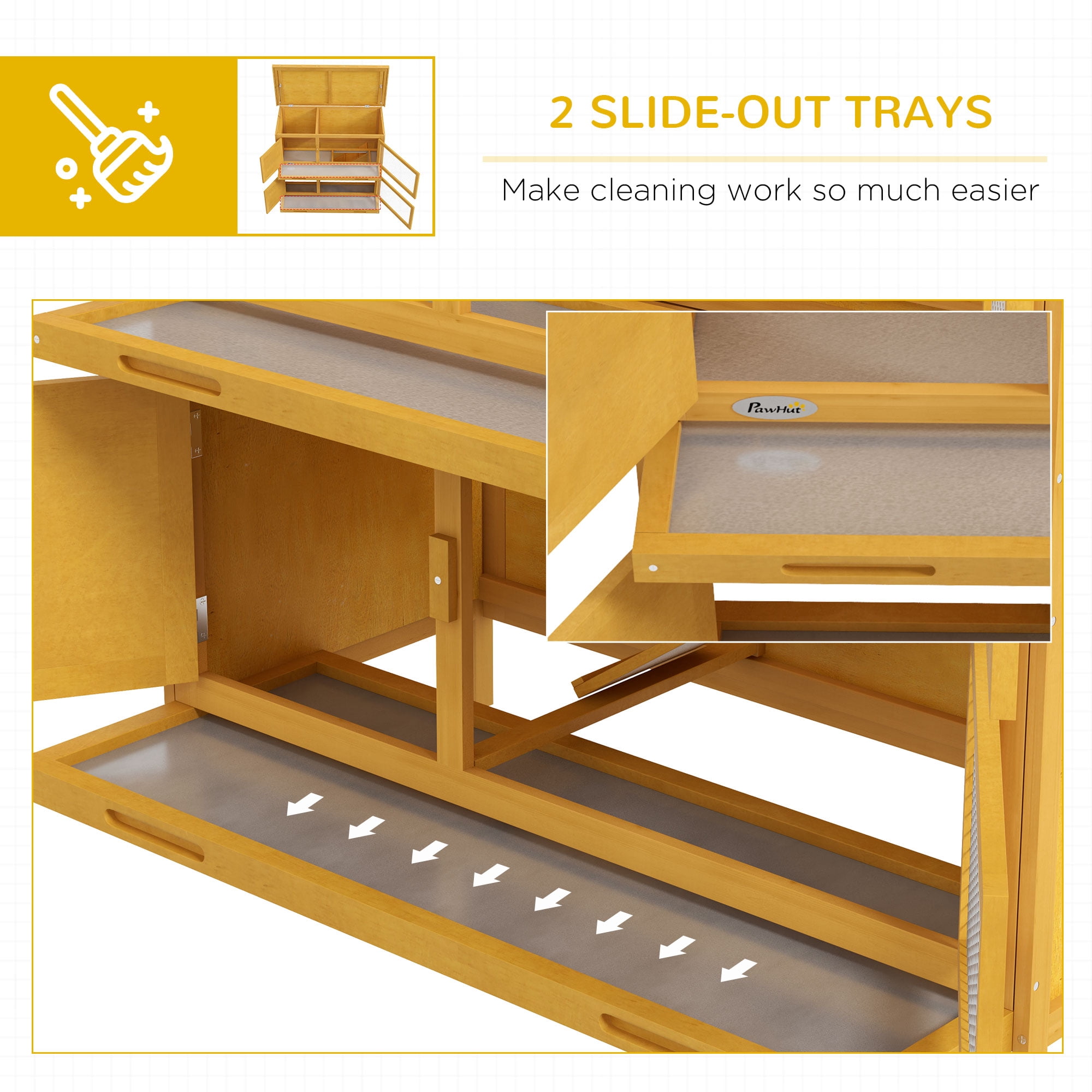 PawHut Wooden Bunny Hutch Rabbit Hutch Small Animals Habitat with Ramp, Removable Tray and Weatherproof Roof, Indoor/Outdoor, Yellow