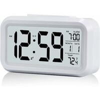 reloj despertador digital, reloj despertador matutino, silencioso, funciona con pilas, reloj despertador digital para niños, adultos, pantalla LED grande, calendario de temperatura (blanco)
