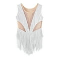 thumbnail image 6 of JanJean Kids Girls Shiny Rhinestone Tassel Gymnastics Leotard Sleeveless Mesh Spliced Bodysuit White 10, 6 of 7