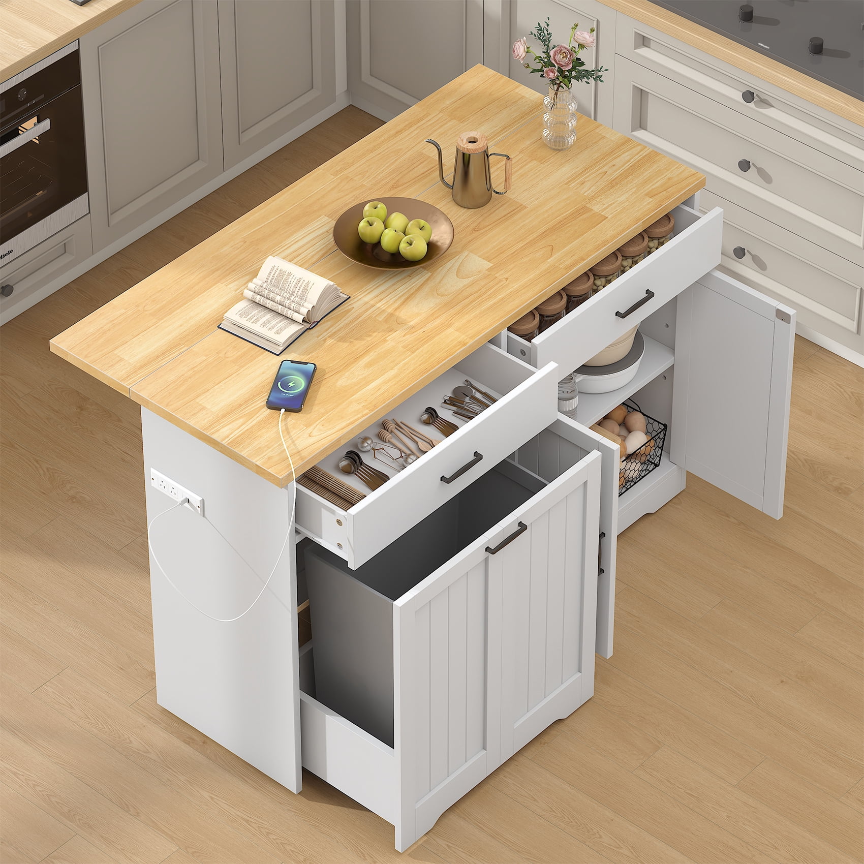 HAUXITIO Kitchen Island with Drop Leaf,Power Outlet & LED Lights,Stationary with Hidden Casters Islands Table for Kitchen,Dining Room,White