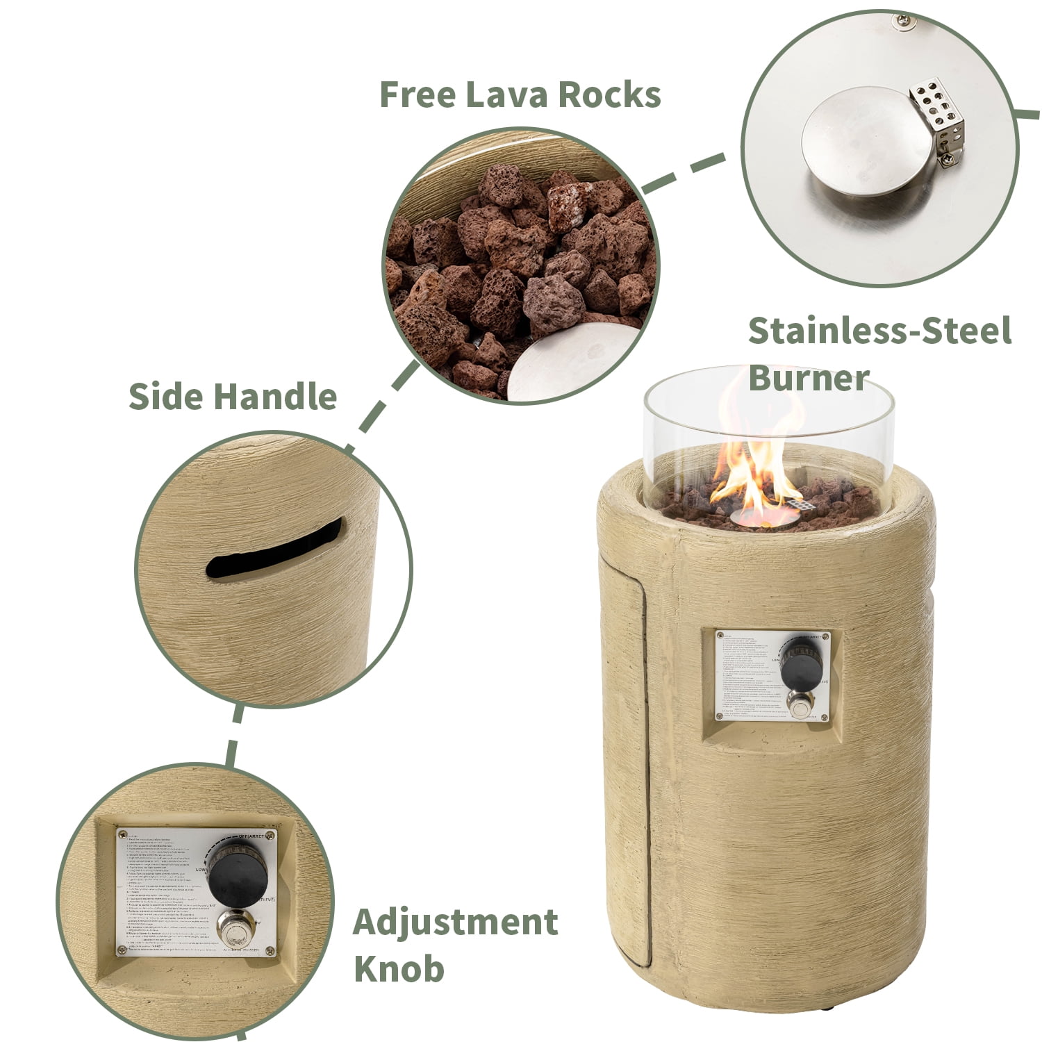 COSIEST 40,000BTU 16-inch Round Outdoor Propane Fire Pit Table w Glass Wind Guard(Apricot)