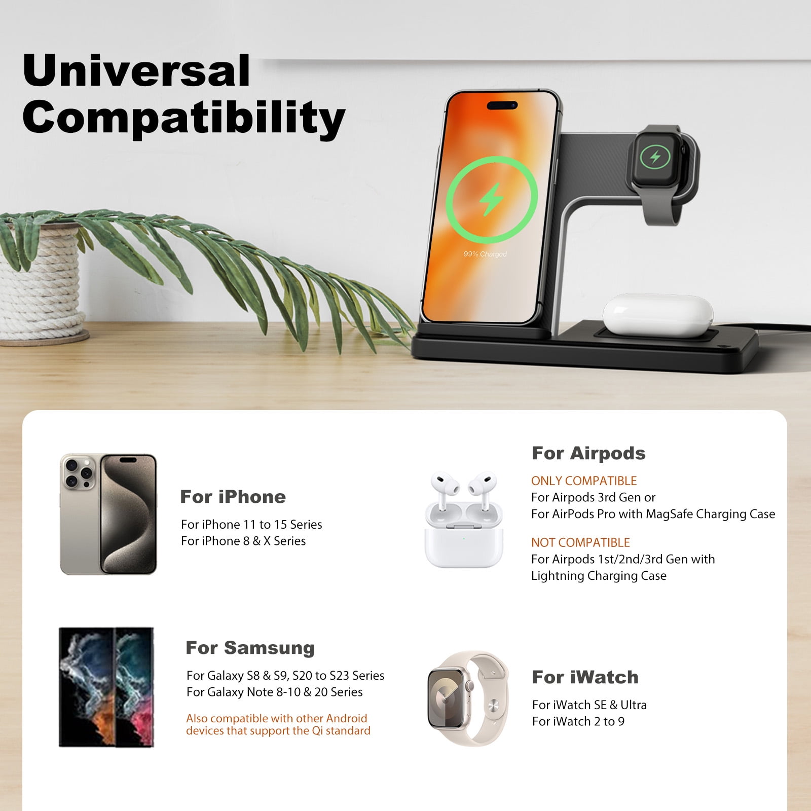 Wireless Charging Station,Amstech 3 in 1 Magnetic Fast Charger for iPhone 16 15 14 13 12 11 Pro Max Plus XS XR SE X 8,Wireless Charger for Apple Watch Series, For AirPods 3 2 Pro Black(2PK)