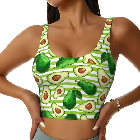 Jgfou Avocado Green Striped Print Womens Sports Bra - Padded Workout Sports Bras Crop Tank Top