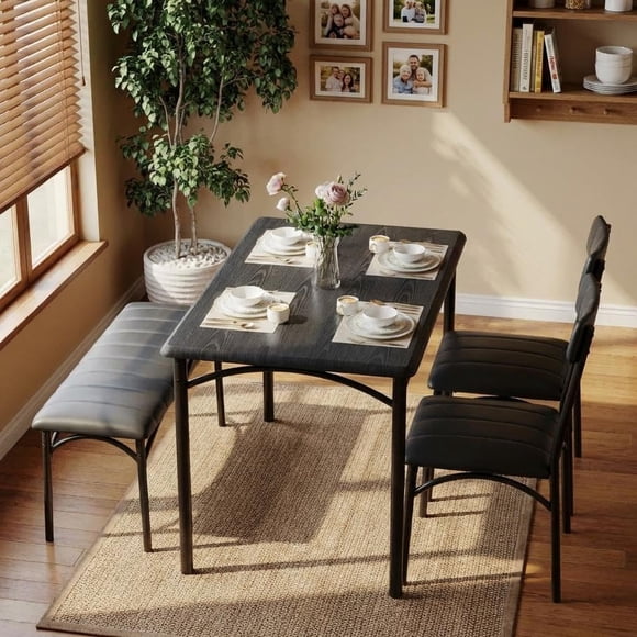 4Pcs Dining Table Set with Upholstered Bench for Small Spaces Kitchen Table and 2 Chairs with Bench for Apartment Dining Compact 4 Person Dinette Set for Breakfast Nook & Small Dining Room