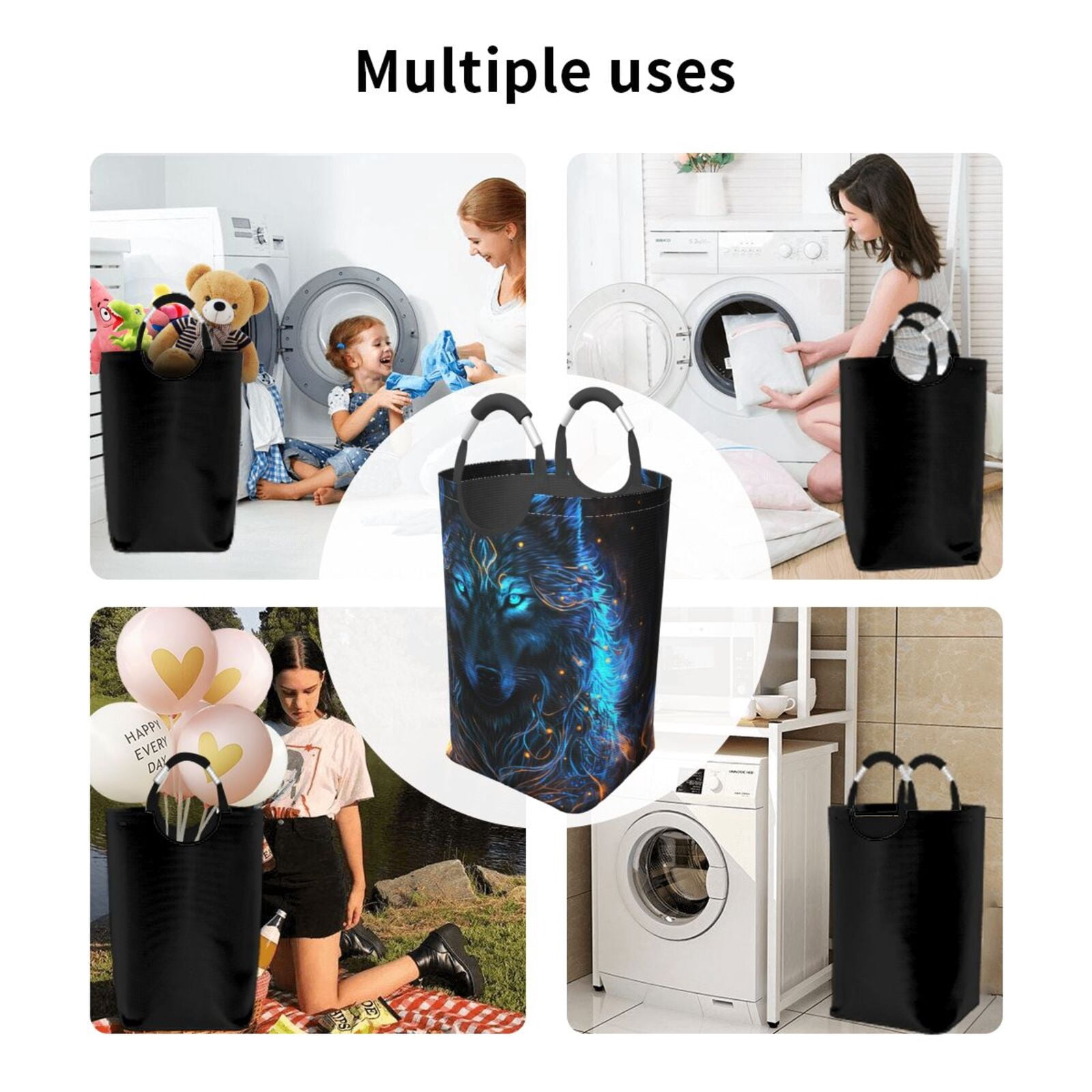 Xecao Cool Blue Light Wolf for Laundry Basket,Collapsible Large Laundry Hamper,Wash Bag for Laundry Room, Rolling Laundry Basket with Handles