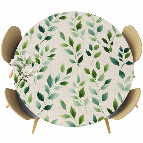 Green Leaves Round Tablecloth, Fitted Table Cover with Elastic for 45"-54" Round Tables, Watercolor Spring Botanical Country Beige Table Cloth Outdoor Indoor Dinning Party Waterproof Tablecloths