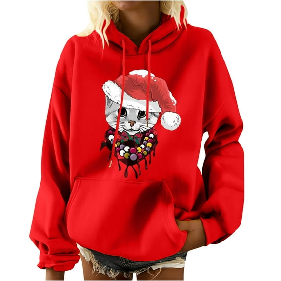 IROINNID Women's Long Sleeve Hoodie Mid-Length Print Comfy Pocket Shirt Pullover, Red
