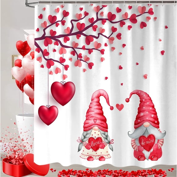 Cute Valentines Day Gnomes Shower Curtain, Valentine''s Red Pink Heart Tree Love Decor Fabric Shower Curtains Set for Bathroom Decoration with Hooks 72 X 72 Inch Trendy Valentine Hearts Bath Decor
