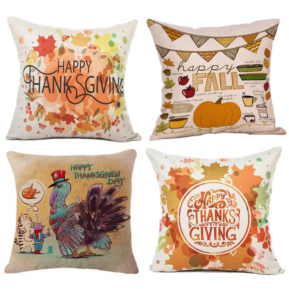 Coolmade Joyeux Jour de l'Action de Grâce Décoration d'Automne Citrouille Housses de Coussin Décoratives Coton Lin Décoration Maison Design Jour de l'Action de Grâce Jour de la Dinde Récolte de Fermier Citrouilles Feuilles d'Automne 18x18 Pouces Lot de 4