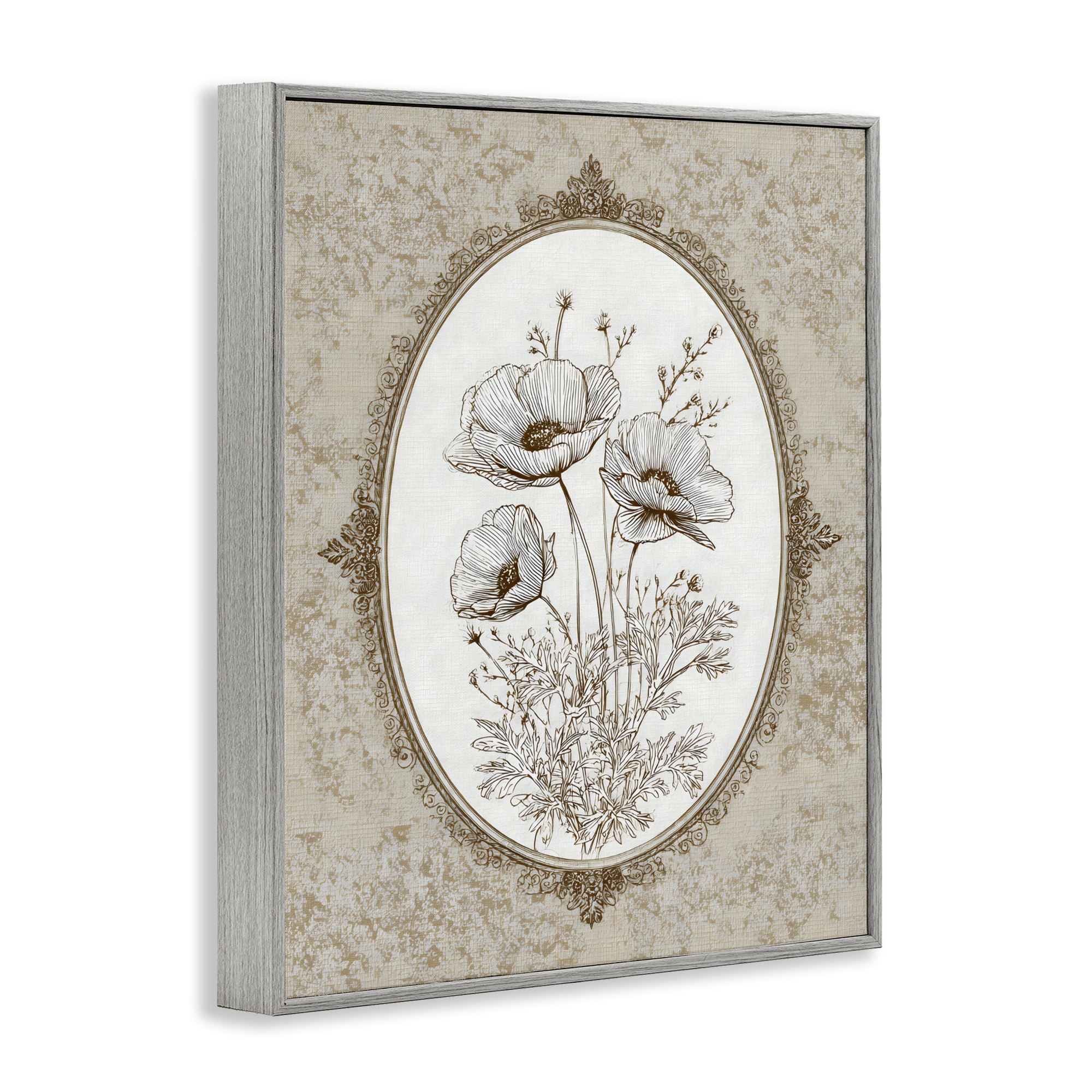 Stupell Industries Vintage Floral Sketch of Poppies Gray Framed Giclee Art, design by Ink Drop Loft