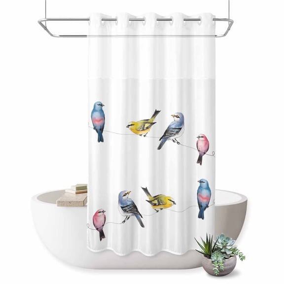 No Hook Shower Curtain, Watercolor Birds Shower Curtains for Bathroom with See Through Top Window, Spring Animal Rustic Waterproof & Washable Bath Curtain Stand Up Stall 36"x72"