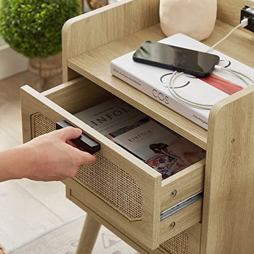 Nightstand with Charging Station Rattan Bedside Table with 2 Drawers