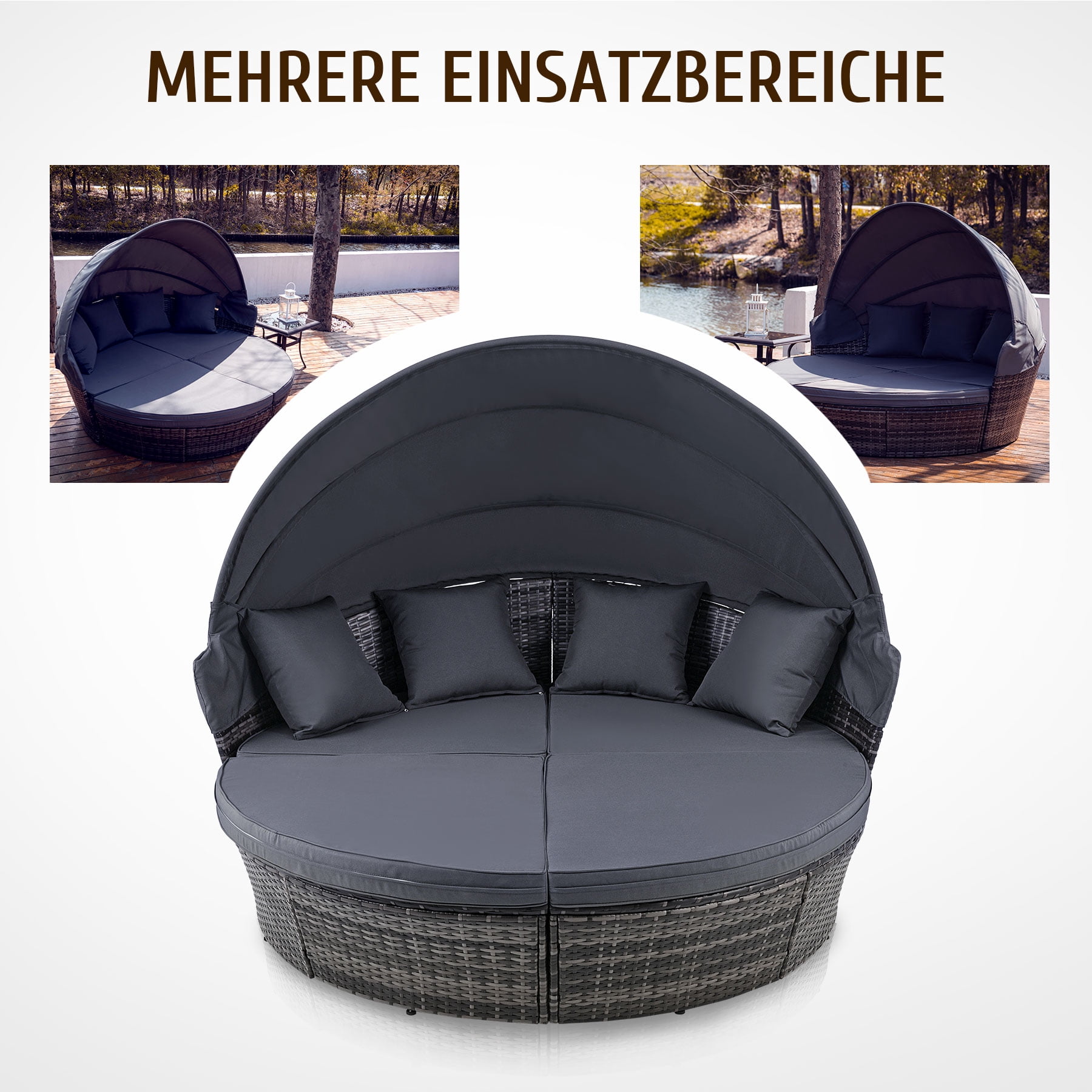 Bestco Outdoor Daybed w Retractable Canopy 4 Piece, Outdoor Sectional Sofa Set with Rattan Daybed or 4 Chairs, Retractable Canopy, Pillows, Water-Resistant Cover, Gray