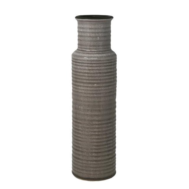 Benzara BM189453 Ribbed Pattern Cylindrical Ceramic Vase with Flared Mouth Rim, Gray - Large - 15.5 x 4.25 x 4.25 in.