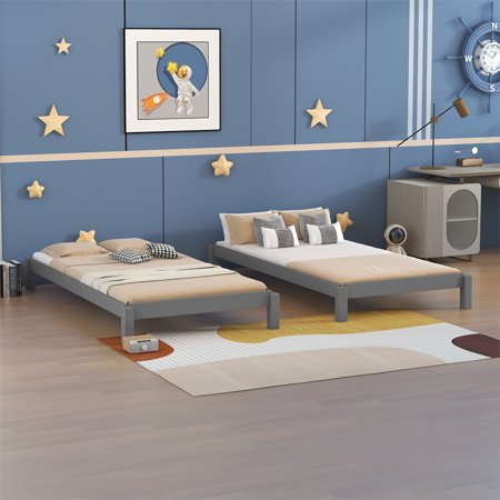 Stackable Platform Bed  Two Twin Size Wood Bed Frame  Multi-functional Convertible Platform Bed for Kids Boys Girls  Easy Assembly  Gray
