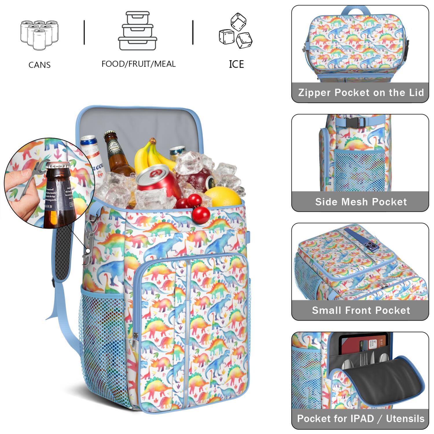 Travel Cooler Bag - White Cartoon Watercolor Dinosaurs Pattern Camping Beer Cooler Backpack with Bottle Opener- Waterproof Insulated Picnic Backpacks - Cooler Bag for Beach