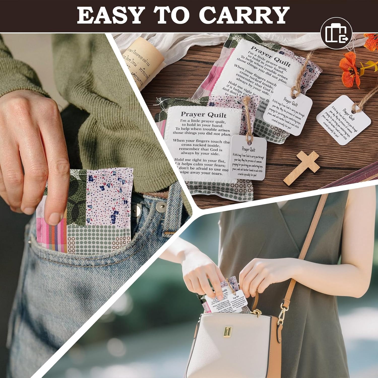 6 Pcs Mini Prayer Quilt with Cross Inside, Vintage Pocket Scripture Prayer Quilt Squares Sympathy/Encouragement Christian Gifts for Women Clergy Pastor Appreciation