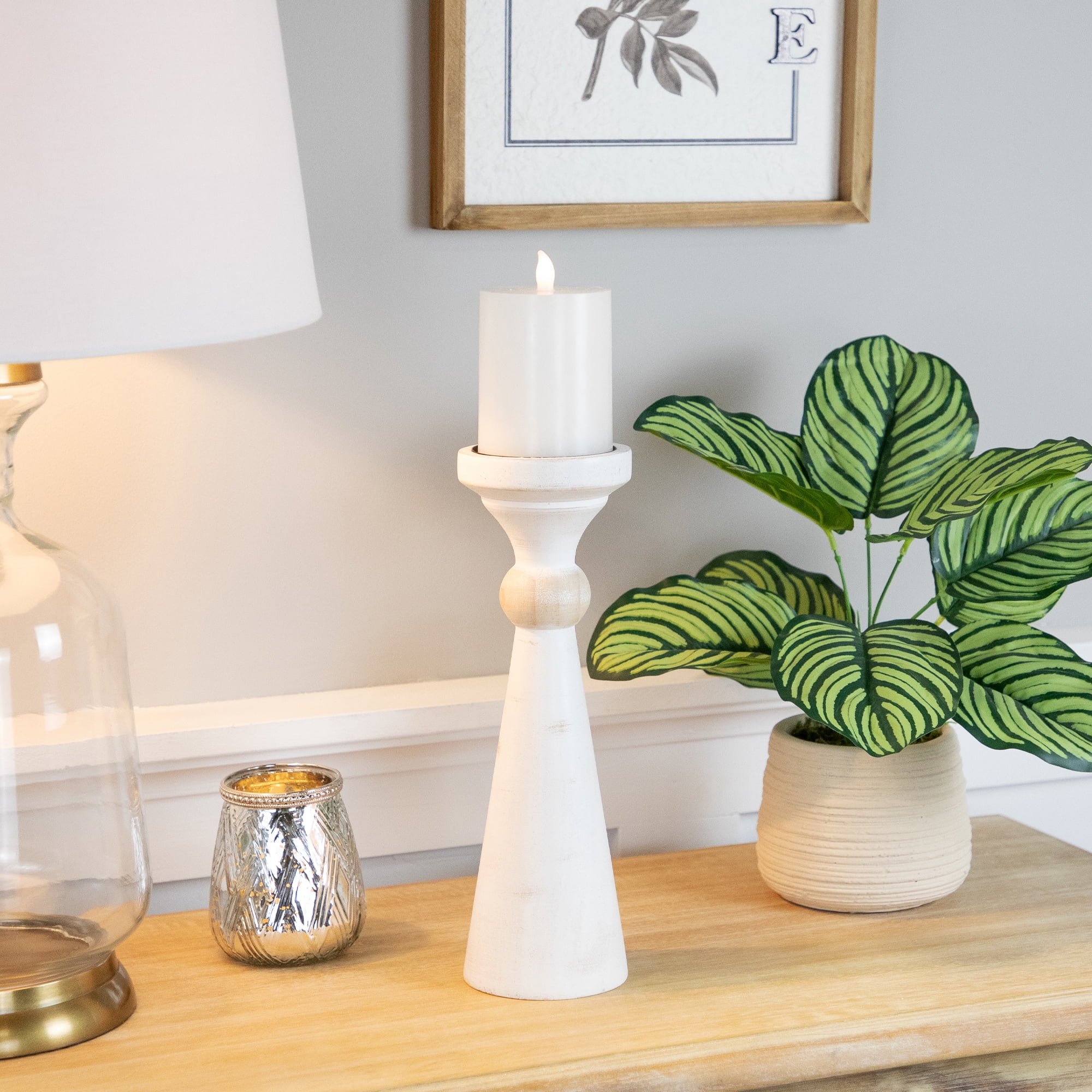 Northlight Wooden Pedestal Pillar Candle Holder - 12" - Brushed Antique White