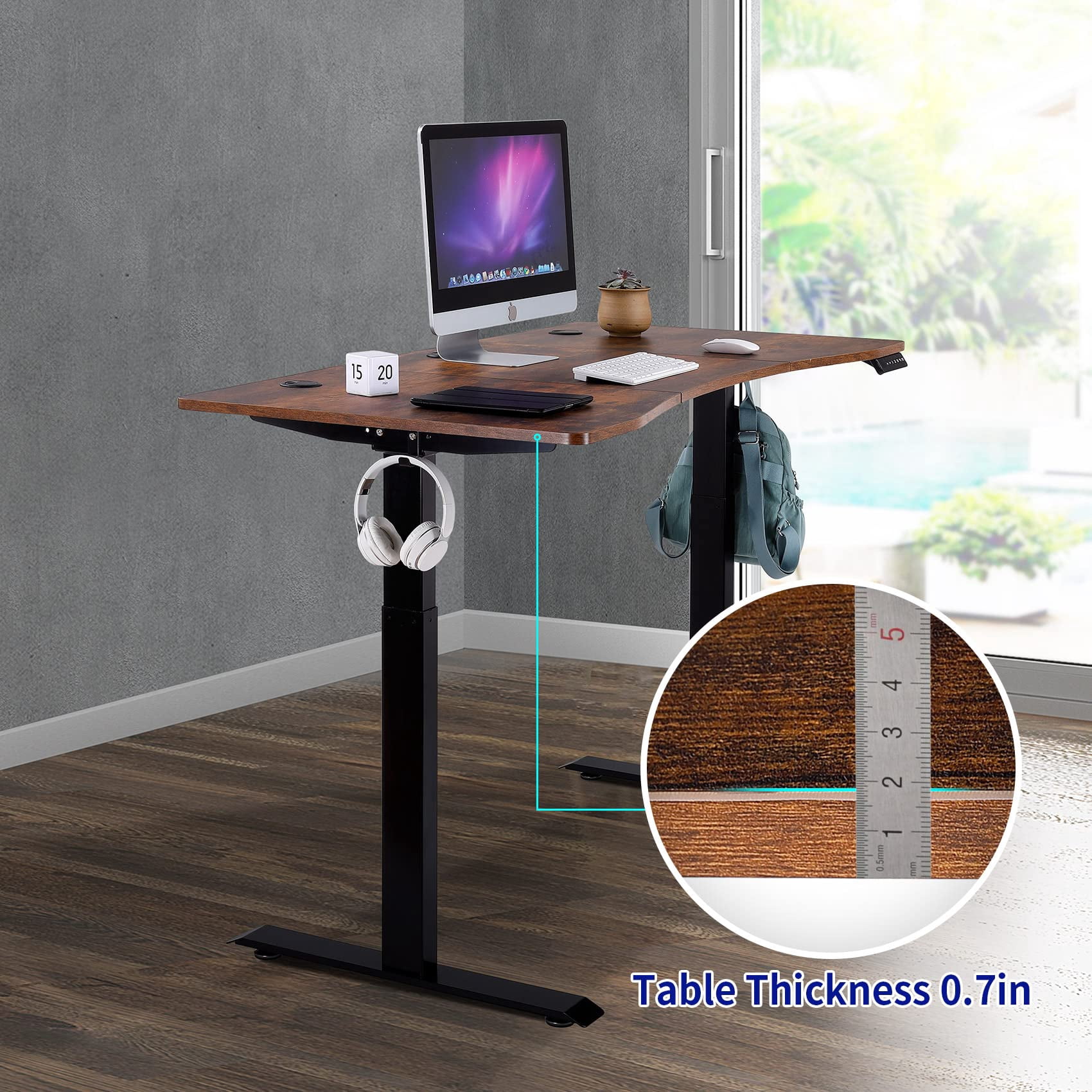 UNICOO® Dual Motor Electric Height Adjustable Standing Desk 59"x29.5" Inches, Home Office Computer Desk, Gaming Desk, with USB Charging and Hooks (Black Frame/Rustic Brown Top) XOT-D59-BR