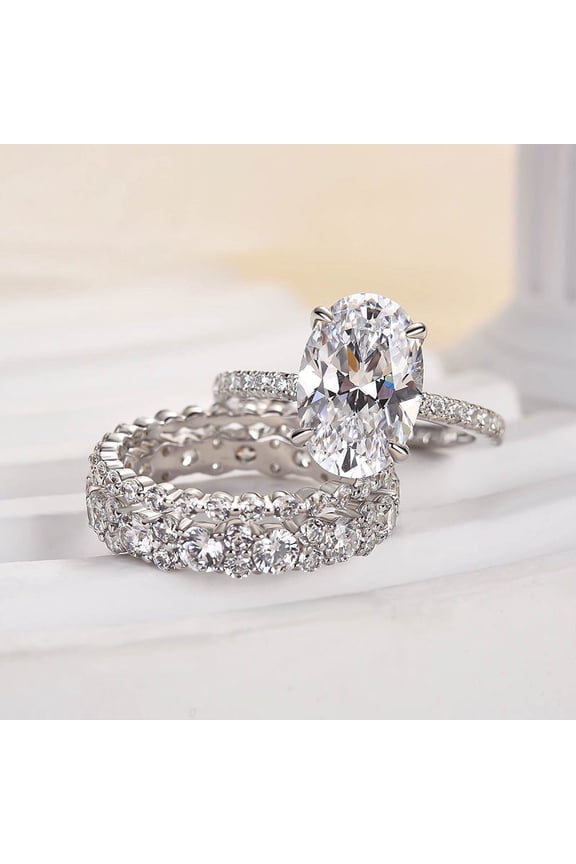 2 Ct Oval Cut Lab Created Diamond Trio Wedding Ring Set - Halo Design in 14K White Gold Plated - Bridal Jewelry - Ideal for Engagement and Anniversaries